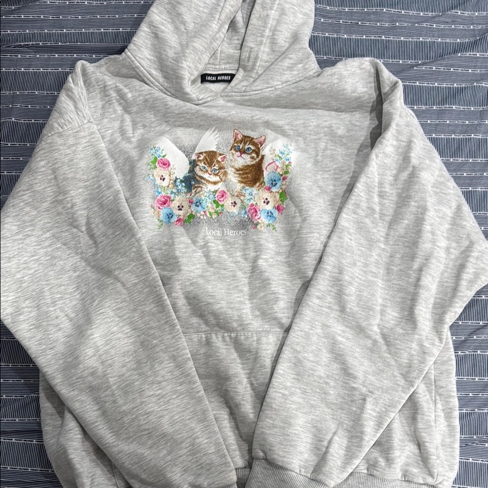 Gray Hoodie with Cat and Floral Design